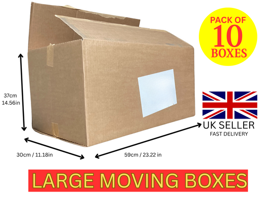Pack of 10 Strong Cardboard Boxes (59x30x37cm) for moving home, storage, shipping products, no dig gardening