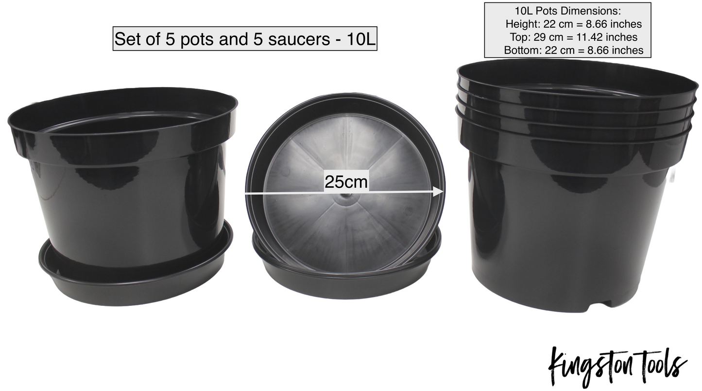 Kingston Tools Set of 5x Plant Pots and 5x Saucers Strong Recycled Plastic Planters in Black for Plants, Vegetables and Flowers - 2L, 3L, 4L, 10L, 15L, 20L