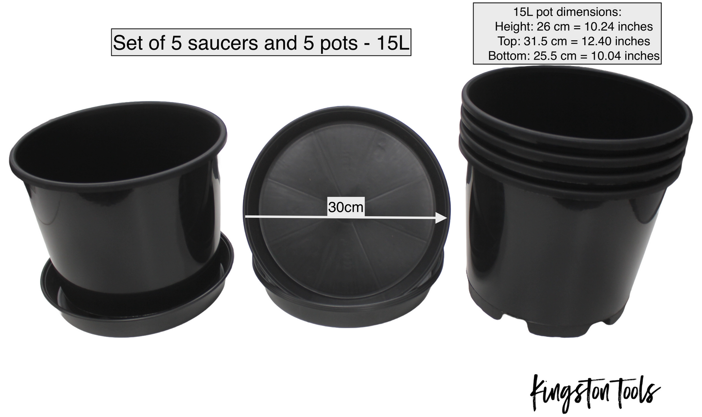 Kingston Tools Set of 5x Plant Pots and 5x Saucers Strong Recycled Plastic Planters in Black for Plants, Vegetables and Flowers - 2L, 3L, 4L, 10L, 15L, 20L