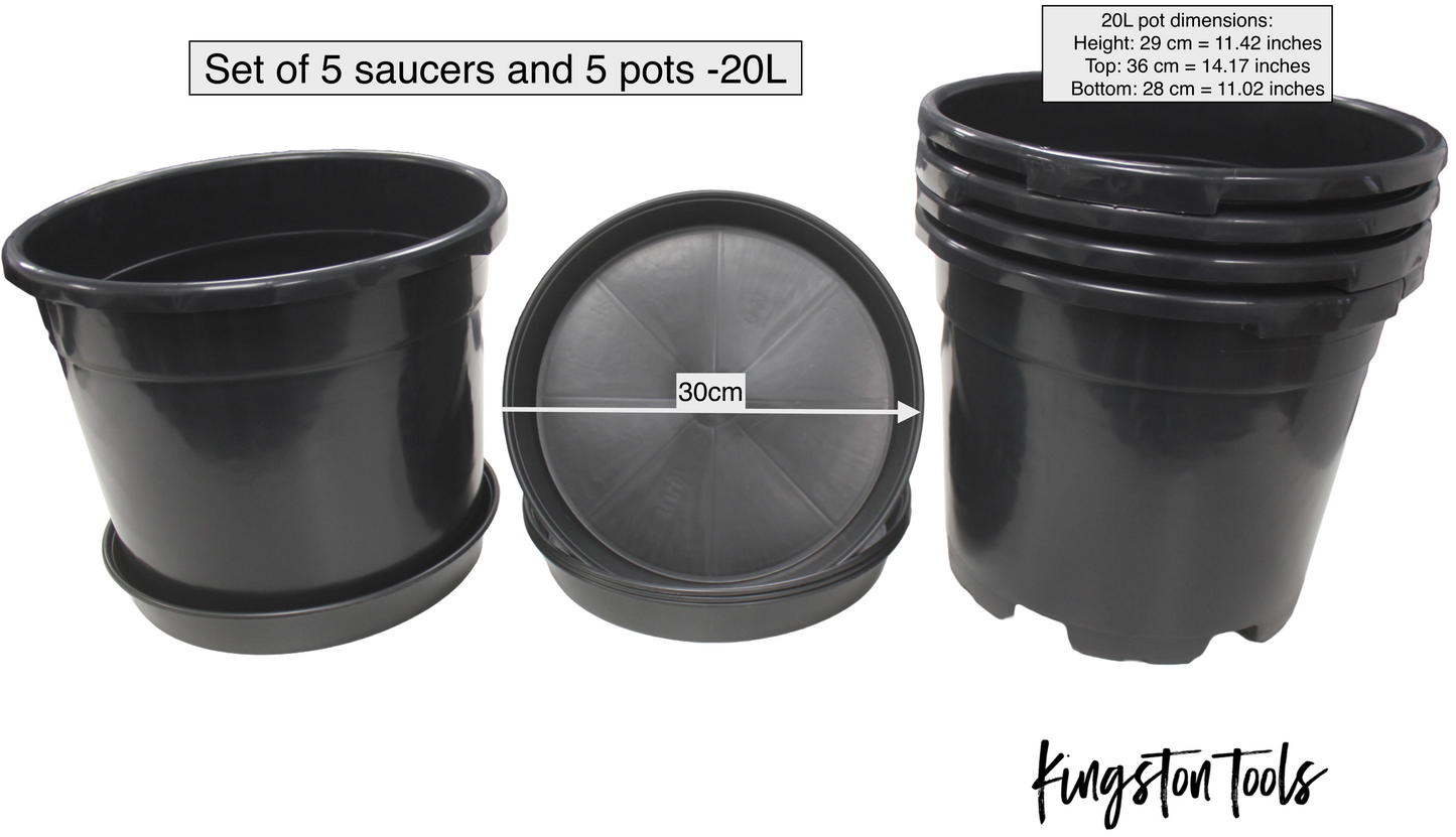 Kingston Tools Set of 5x Plant Pots and 5x Saucers Strong Recycled Plastic Planters in Black for Plants, Vegetables and Flowers - 2L, 3L, 4L, 10L, 15L, 20L