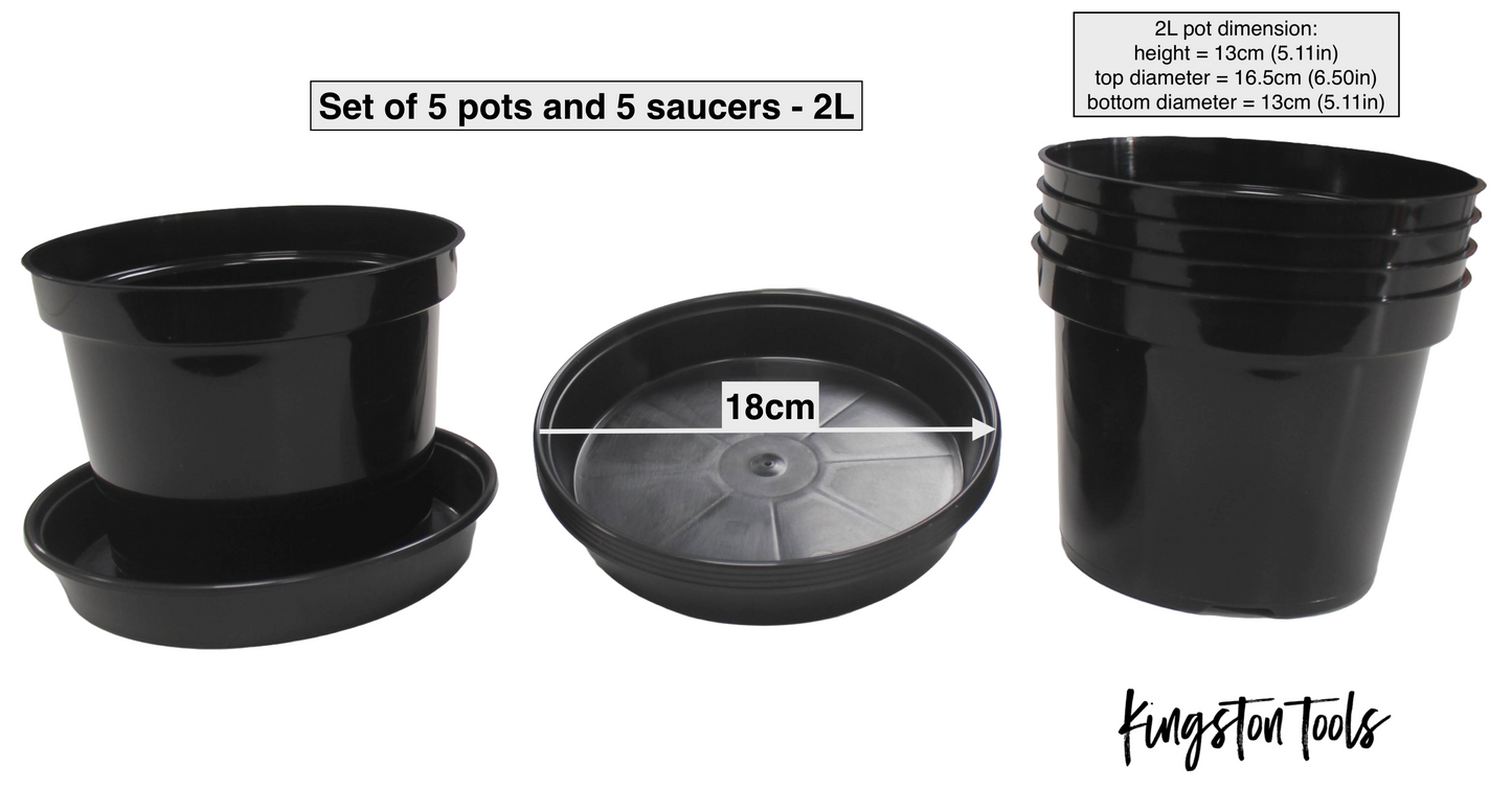 Kingston Tools Set of 5x Plant Pots and 5x Saucers Strong Recycled Plastic Planters in Black for Plants, Vegetables and Flowers - 2L, 3L, 4L, 10L, 15L, 20L