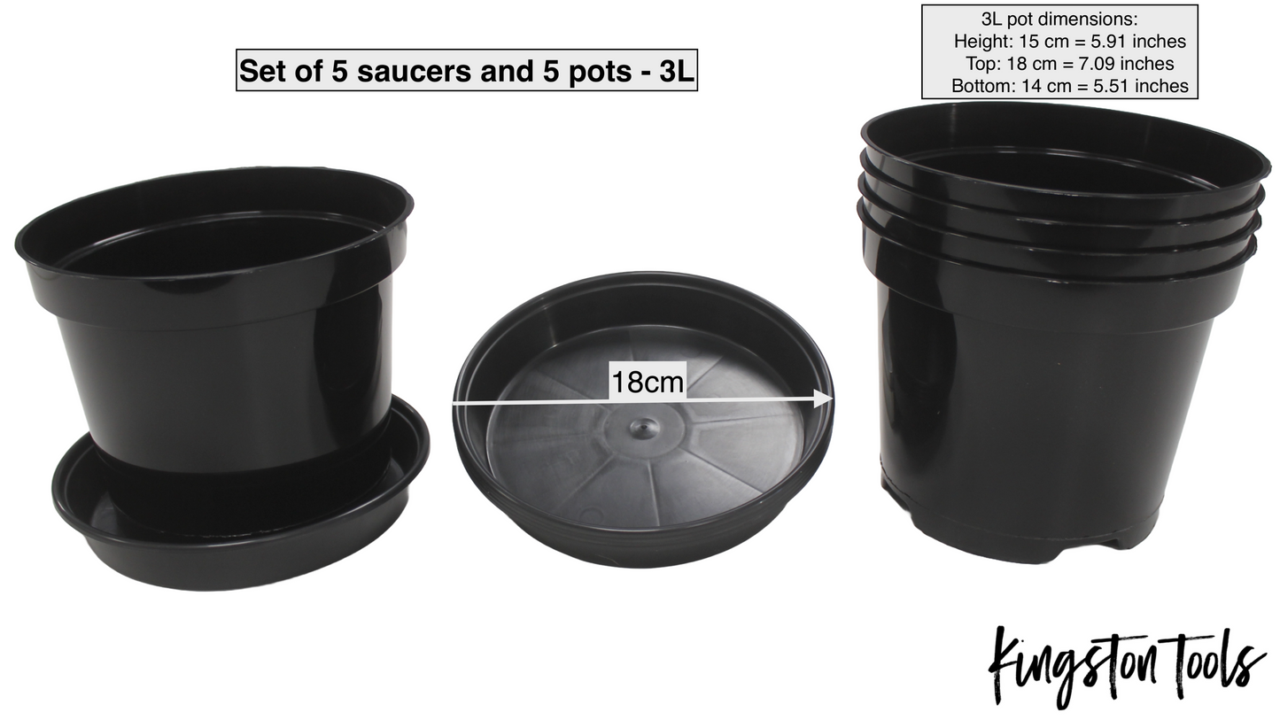 Kingston Tools Set of 5x Plant Pots and 5x Saucers Strong Recycled Plastic Planters in Black for Plants, Vegetables and Flowers - 2L, 3L, 4L, 10L, 15L, 20L