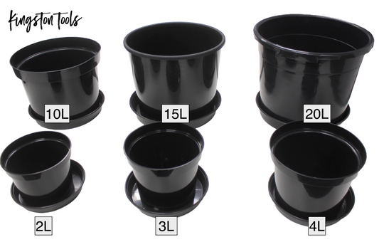 Kingston Tools Set of 5x Plant Pots and 5x Saucers Strong Recycled Plastic Planters in Black for Plants, Vegetables and Flowers - 2L, 3L, 4L, 10L, 15L, 20L