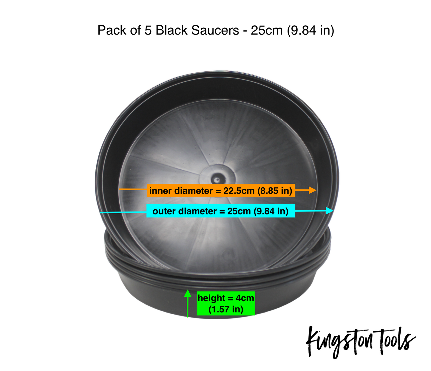 Kingston Tools Pack of 5 Black & Terracotta Plant Pot Saucers Made from Recycled Plastic Strong and Sturdy Drip Tray 6 sizes Available: 18cm, 20cm, 25cm, 30cm, 40cm, 50cm