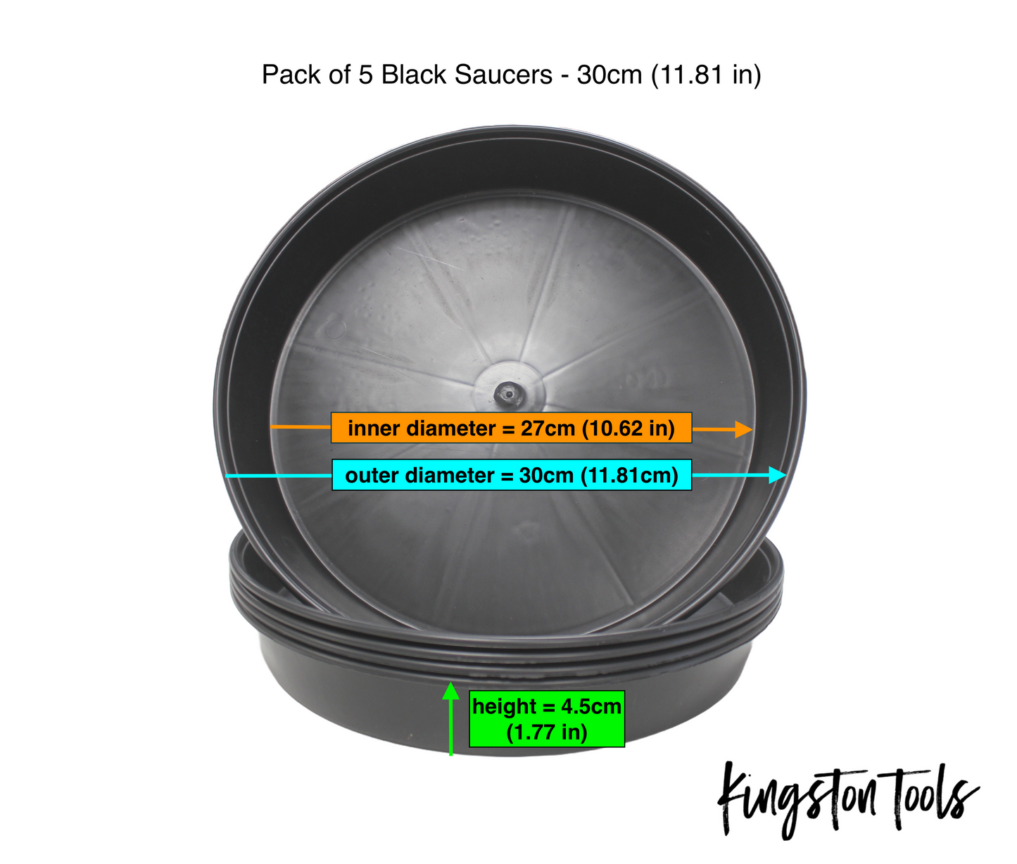 Kingston Tools Pack of 5 Black & Terracotta Plant Pot Saucers Made from Recycled Plastic Strong and Sturdy Drip Tray 6 sizes Available: 18cm, 20cm, 25cm, 30cm, 40cm, 50cm