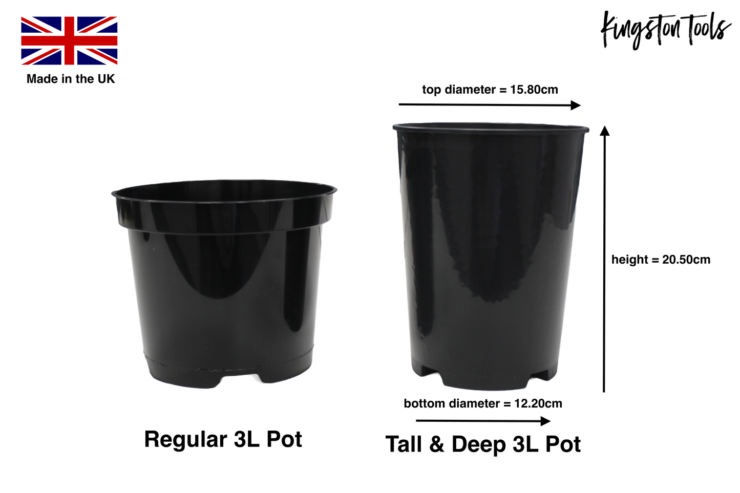 Kingston Tools 10x Extra Tall & Deep Premium Black Plant Pots Recycled Plastics Made in the UK