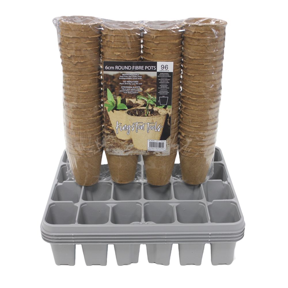 96 Fibre Pots 6cm and 4 Carry Trays with 24 cells Germination Trays for Seeds, Seedlings, Cuttings with Biodegradable Pots